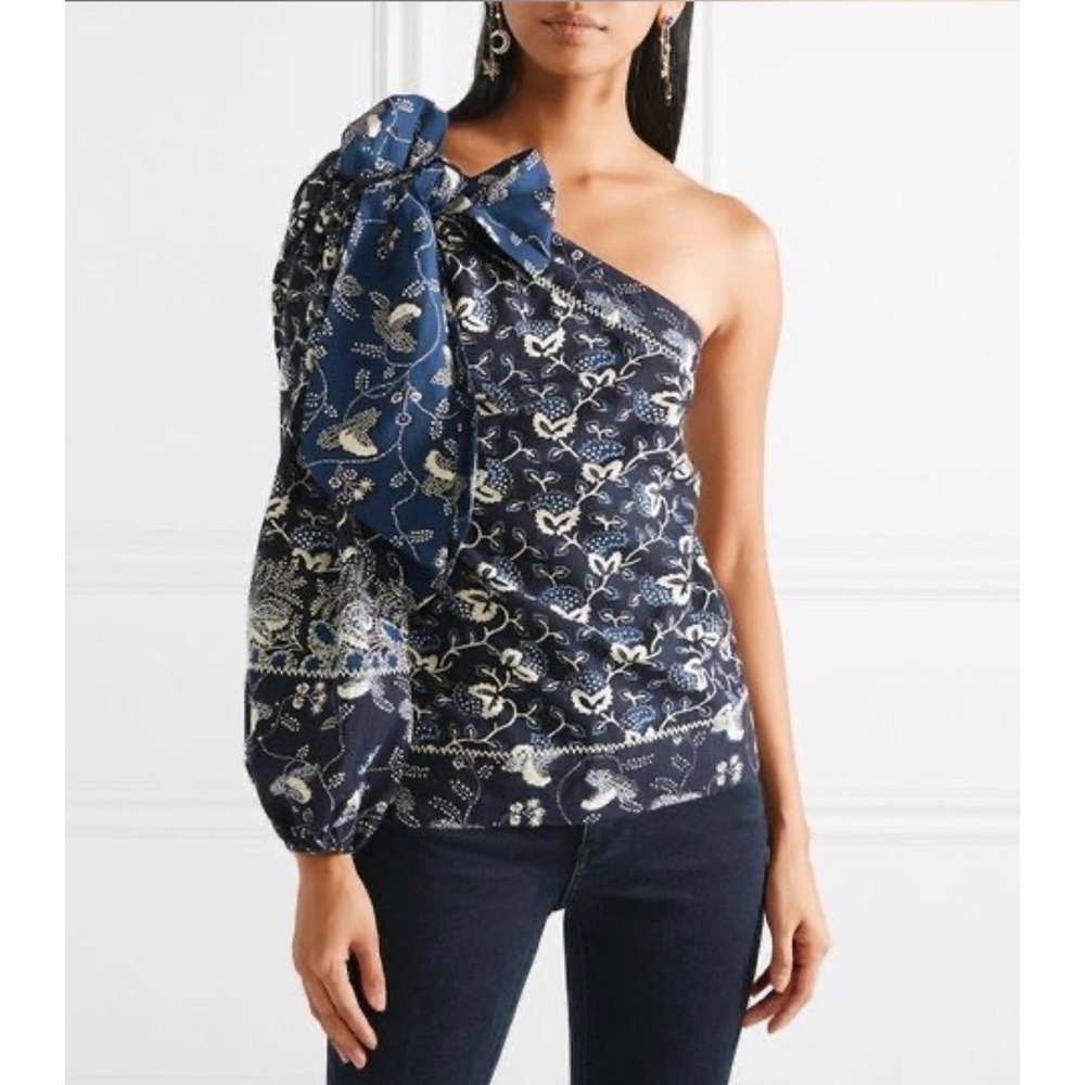 Ulla Johnson One Shoulder Floral Tie Blouse Navy Blue White Cotton Rayon Top